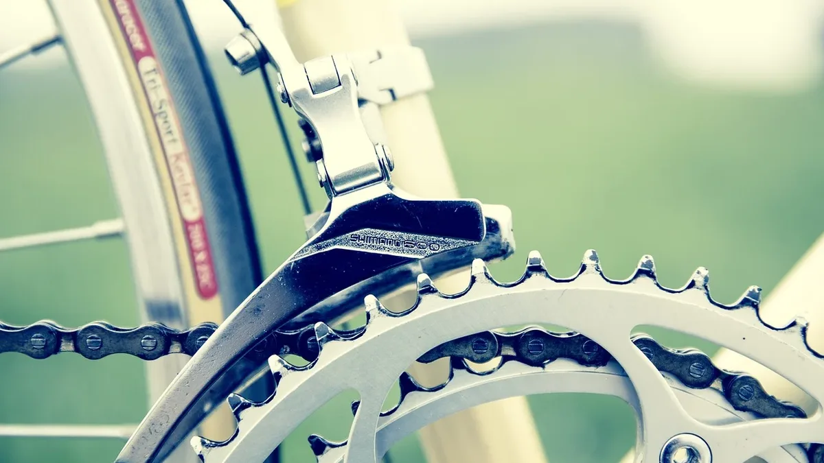 A close-up view of a bicycle's chainring and gear system, with the chain attached to the ring and the gear visible in the background.